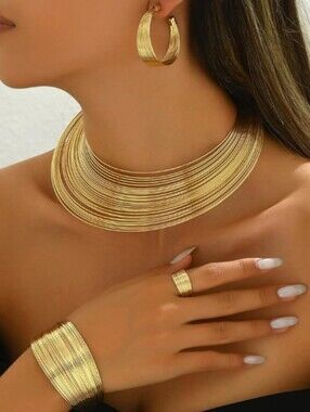 Gold Statement Jewelry Set Multi Layer Choker Necklace Hoop Earrings African